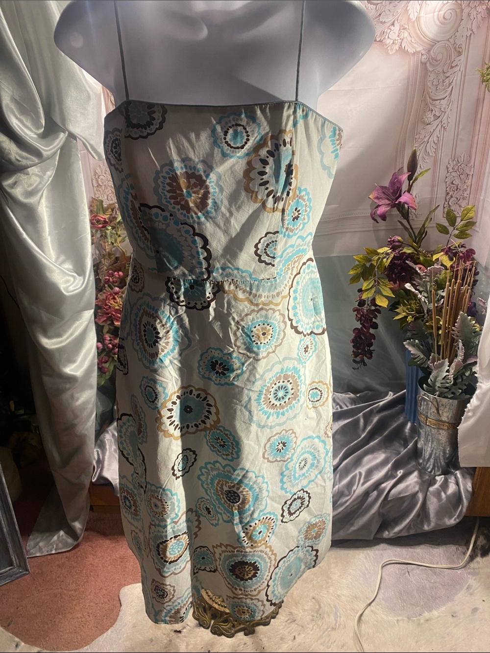 Dress Barn Spaghetti-Strap Floral Medallion Sundress in Aqua and Cream